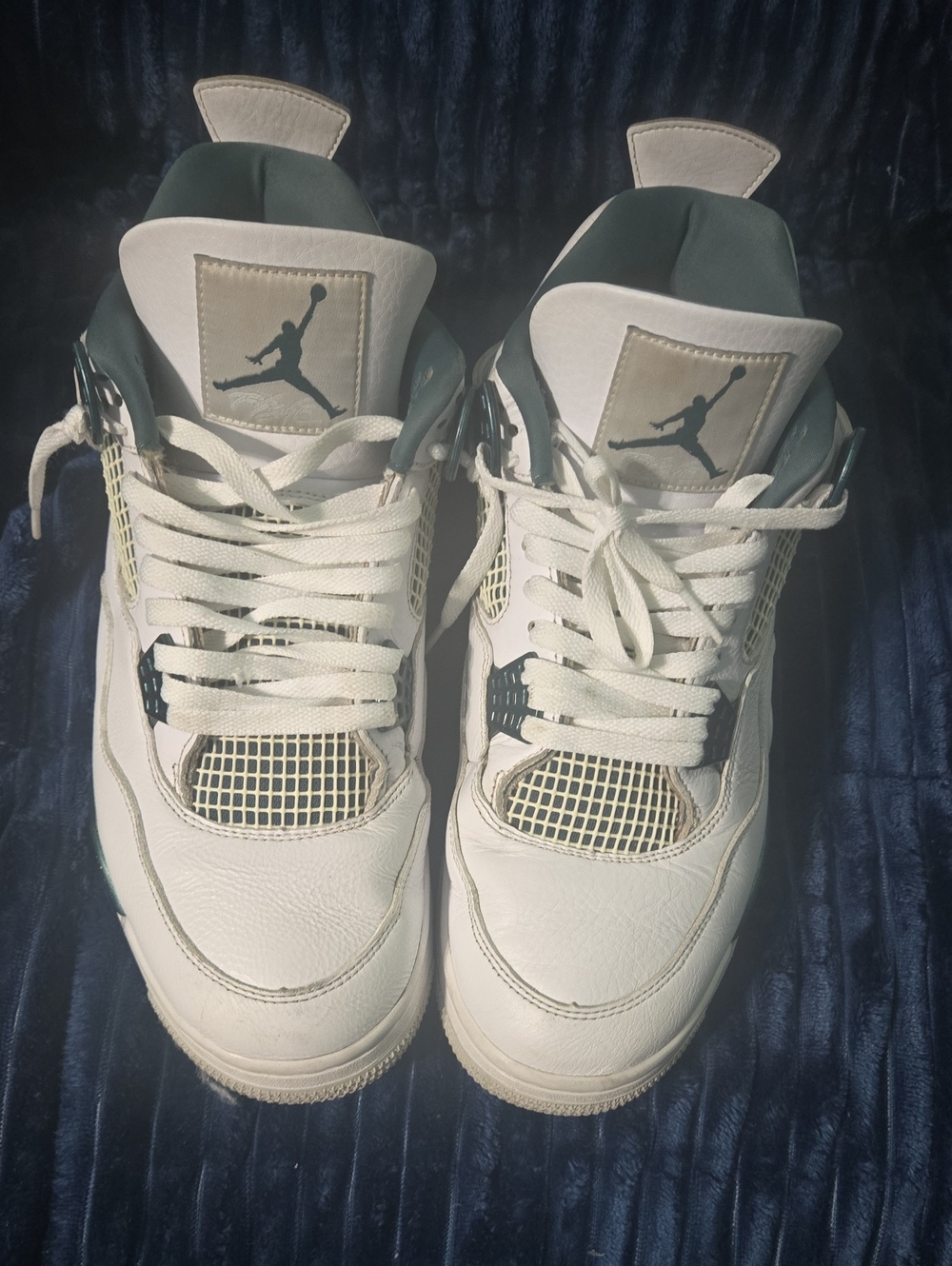Jordan Mens White and Dark Green Retro 4 Sneakers